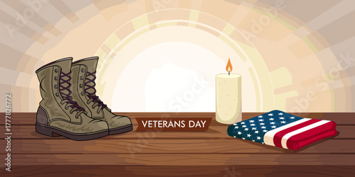 Soldier's boots, a lit candle and a folded American flag in honor of Memorial Day, ideal for commemorative materials and educational content related to military remembrance