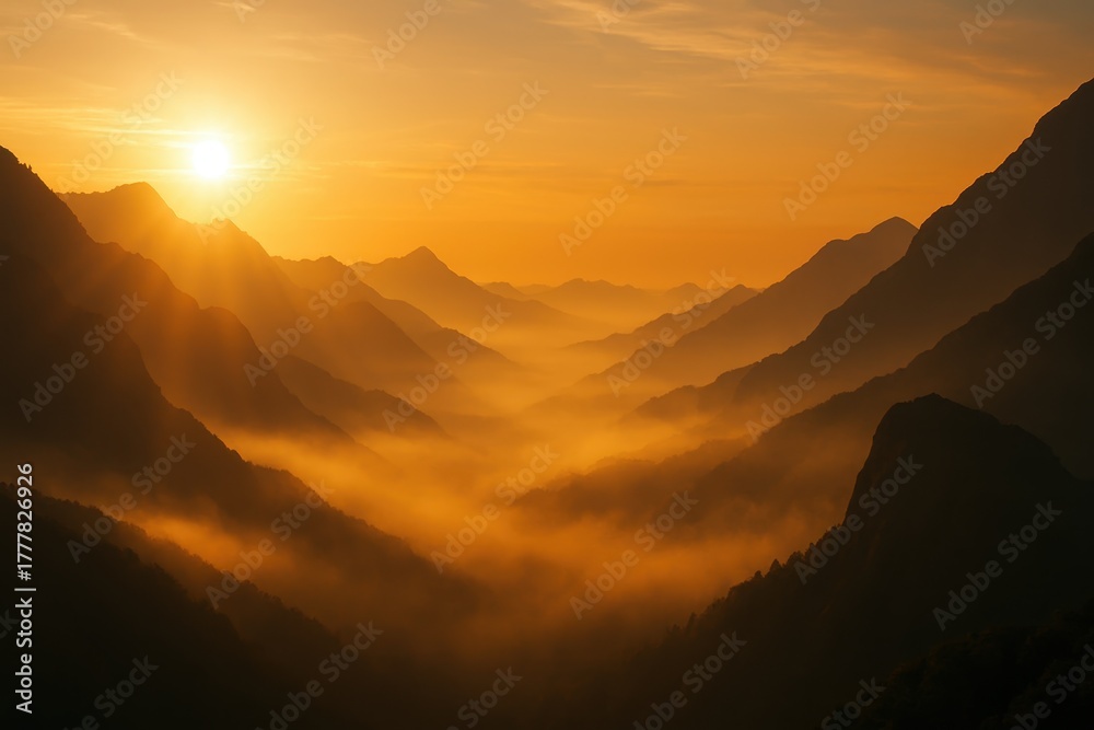 Naklejka premium Golden sunlight fills a mountain valley at sunset, casting long shadows and illuminating misty fog. The peaks rise dramatically against a colorful sky