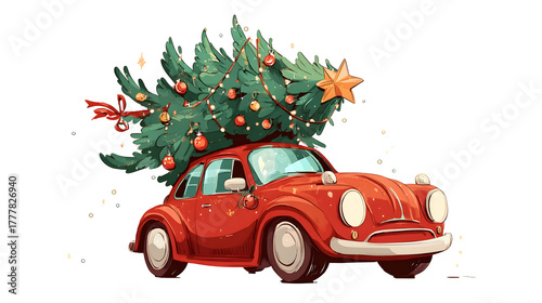 Red vintage car with christmas tree and ornaments on the roof