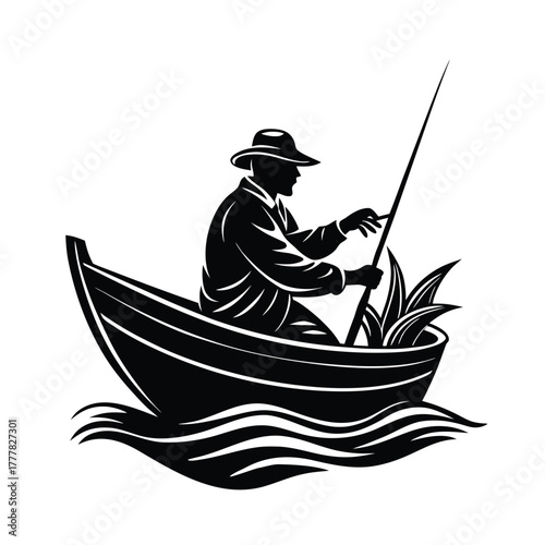 Silhouette of a Fisherman on Boat on White Background