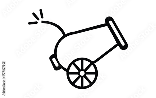 Simple black line drawing of an old cannon with a wheel isolated on white background