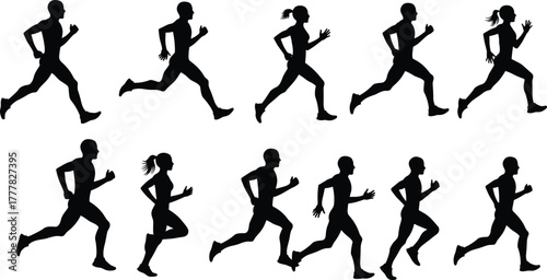Running silhouettes, athletic motion, male and female runners, fitness poses, jogging sequence, sports biomechanics, dynamic posture, workout, training, sprint