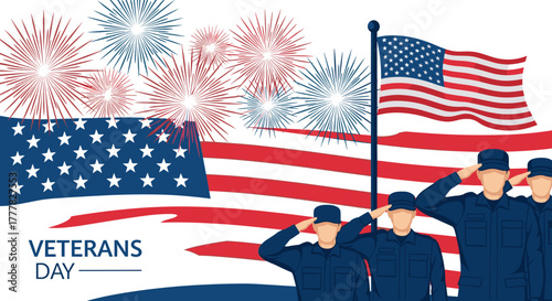 Veterans Day celebration with soldiers saluting and fireworks display  