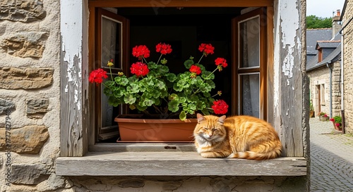 Ginger cat lounging on a windowsill with red geraniums.