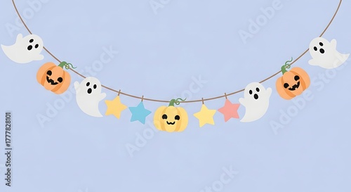 Halloween Garland with Ghosts and Pumpkins on Blue Background.