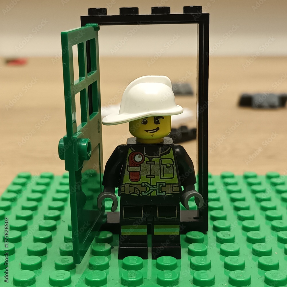 Naklejka premium LEGO Firefighter Standing in a Doorway on a Green Baseplate - Miniature Concept for Safety