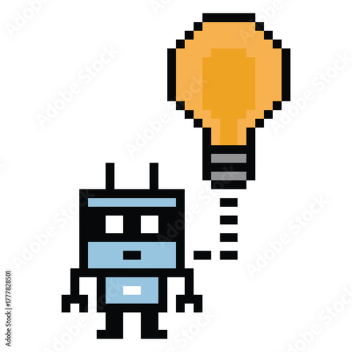Cartoon pixel art of humanoid robot learning toy robotic engineer bot machine business vector character automation electronic background 8 bit artificial intelligence concept.