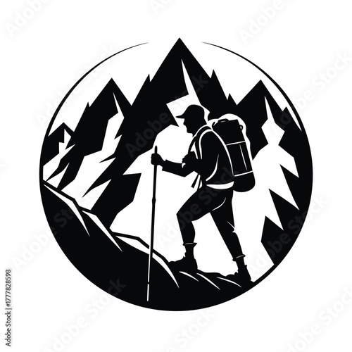Silhouette of a Mountain Climber on White Background