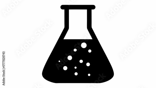 Illustration of a black erlenmeyer flask filled with a dark liquid and white bubbles inside it