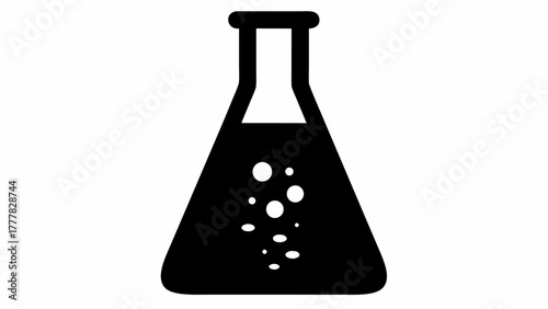 Black silhouette of a conical flask with bubbles inside against a white background image design
