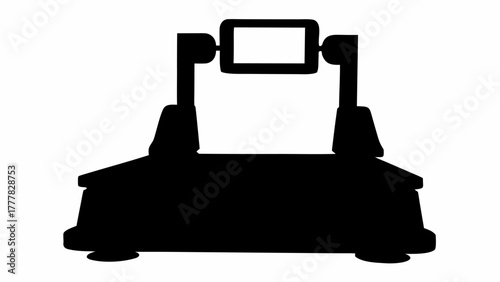 Silhouette of a testing machine with a phone holder and a blank screen in the center frame