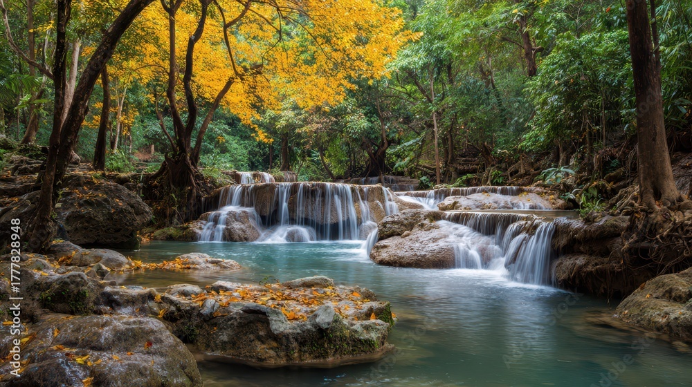 Obraz premium Landscape Waterfall at Huay Mae Kamin in Colorful Autumn Forest, Kanchanaburi, Thailand
