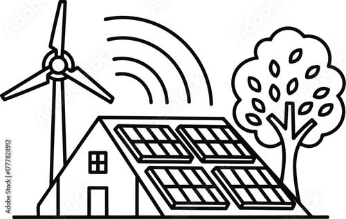 House with solar panels and wind turbine isolated on transparent background an ecofriendly house that uses renewable energy sources