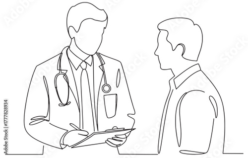 continuous line drawing hospital doctor consulting male patient. vector illustration