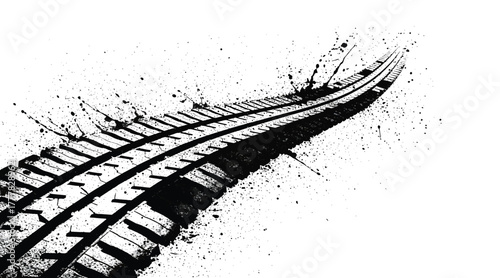 Monochrome illustration of a curved railroad track isolated on white background, showcasing the perspective and precision of rail transport infrastructure design