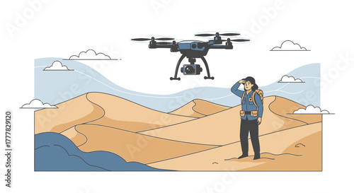 Illustration of a hiker exploring the desert with a drone providing aerial surveillance during