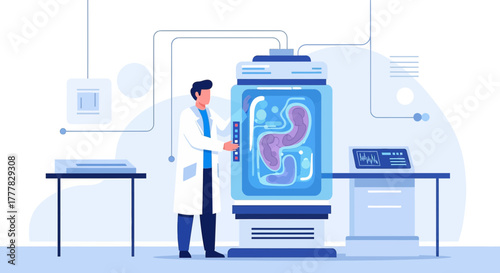 Illustration of a scientist analyzing organ preservation technology in a research laboratory