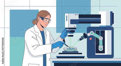 Illustration of a Scientist Conducting Research with Advanced Robotic Technology in a Lab