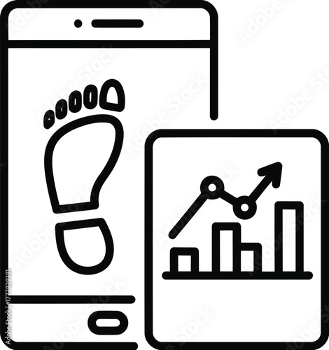 Mobile app tracking steps and progress isolated on transparent background footprint on phone screen and bar graph showing results