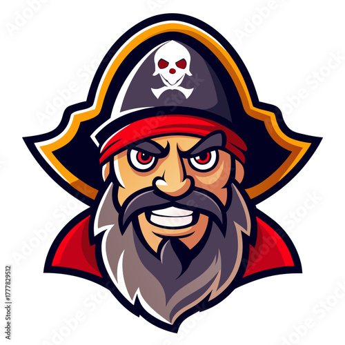Fierce pirate mascot with skull and crossbones hat