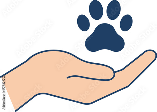 A human hand gently holding a dark blue paw print, symbolizing care and protection for animals.