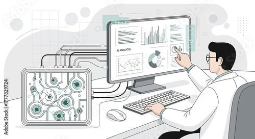 Illustration of a scientist performing AI analysis on a computer screen interface