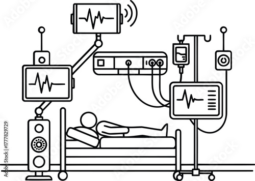 Line art of intensive care unit setup with patient isolated on transparent background, showcasing modern medical technology and patient monitoring