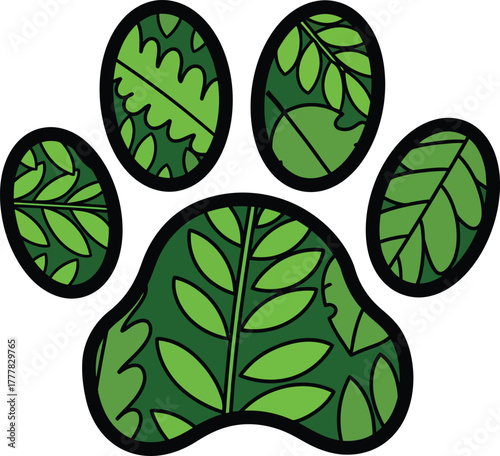 A stylized paw print filled with various green leaves and foliage, symbolizing nature and wildlife.