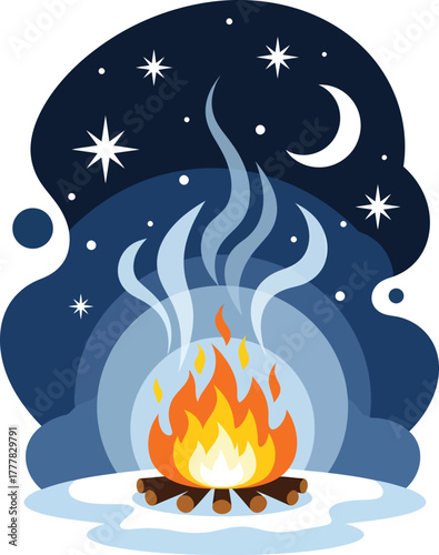 A warm campfire glows brightly in the cold, starry night, surrounded by snow.