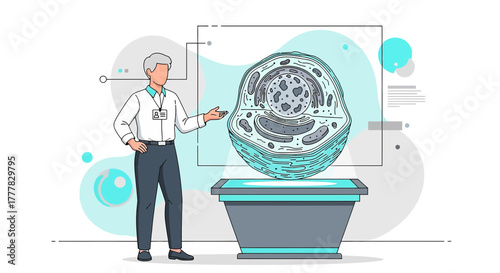 Illustration of a scientist presenting a hologram of a human cell model in a lab