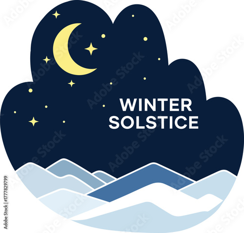 A stylized illustration of the winter solstice with a crescent moon, stars, and snow-covered mountains under a dark blue night sky.
