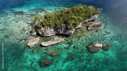 Raja Ampat. Indonesia. Aerial view of lush tropical islands and turquoise lagoons in showcasing pristine nature and coral-rich waters.	