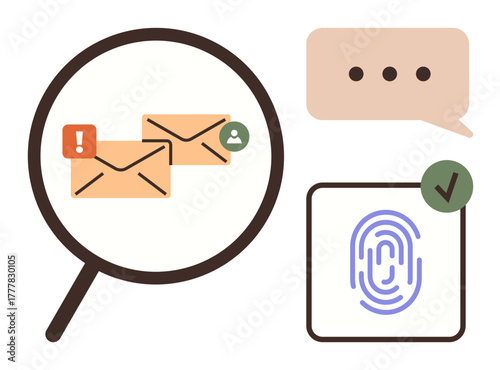 Magnifying glass over mail messages with alerts, verified fingerprint, and speech bubble note. Ideal for cybersecurity, email security, authentication, messaging, digital identity, fraud prevention