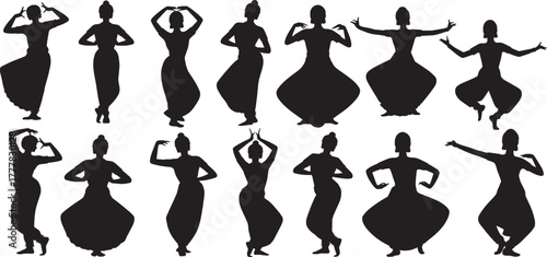 Silhouettes of Indian Women Bharatanatyam, Kathak, Odissi, and Kuchipudi Dancers in traditional poses Collection. Vector illustration