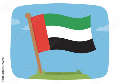 A children’s book illustration of the UAE flag waving