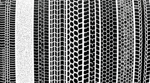 Detailed tire tread pattern compilation isolated on white background, displaying various designs and textures for automotive traction and performance enhancement