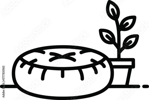 Comfortable pouf with plant isolated on transparent background home interior design vector line style illustration