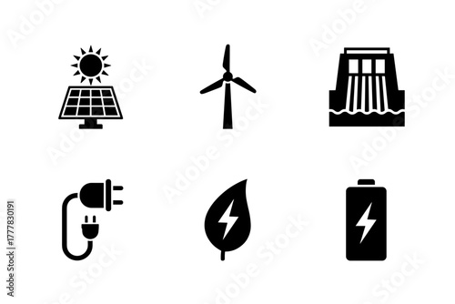 Renewable energy and low emission sustainable power system line icon set