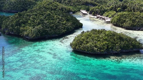 Raja Ampat. Indonesia. Aerial view of lush tropical islands and turquoise lagoons in showcasing pristine nature and coral-rich waters.	