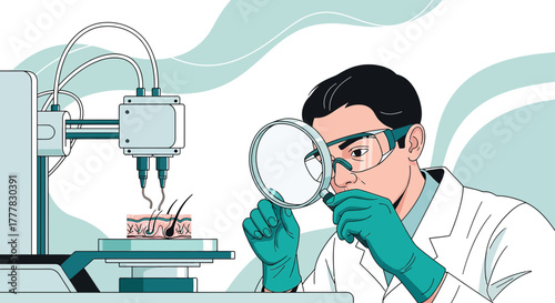 Illustration of a scientist using advanced technology for skin research and analysis in a