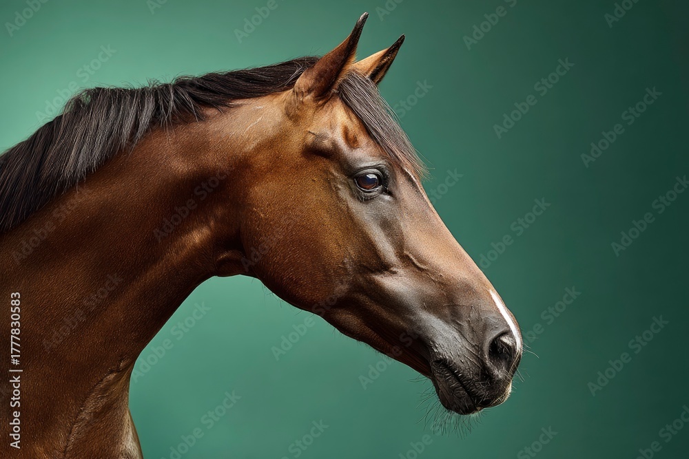 Obraz premium A powerful and majestic equine animal is captured in a striking profile portrait against a rich, deep teal background. The horse features a gleaming bay-brown coat, a sleek dark mane, and a prominent 