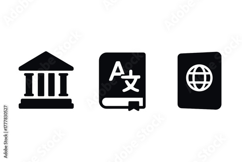 Silhouette icons education, language, and global communication symbols