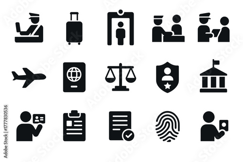 Airport and security icons set for travel and identification needs
