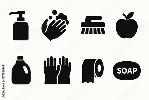 Hygiene essentials silhouette icons featuring soap, gloves, and apple