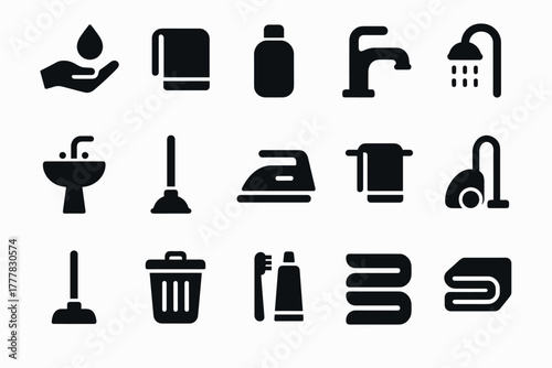 Minimalist home cleaning and bathroom black icons set for modern design
