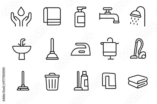 Minimalist household icon set featuring cleaning and bathroom essentials