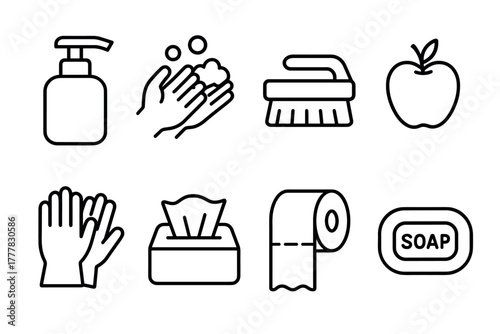 Essential hygiene icons collection in simple linear style for everyday use