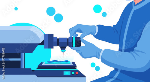 Illustration of a scientist working with a microscope in a laboratory setting focused on research
