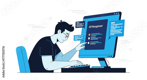 Illustration of a software developer working on api management solutions at the computer desktop