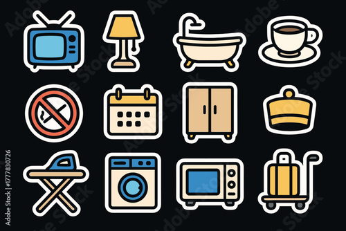 Retro style home appliance and furniture stickers on dark background
